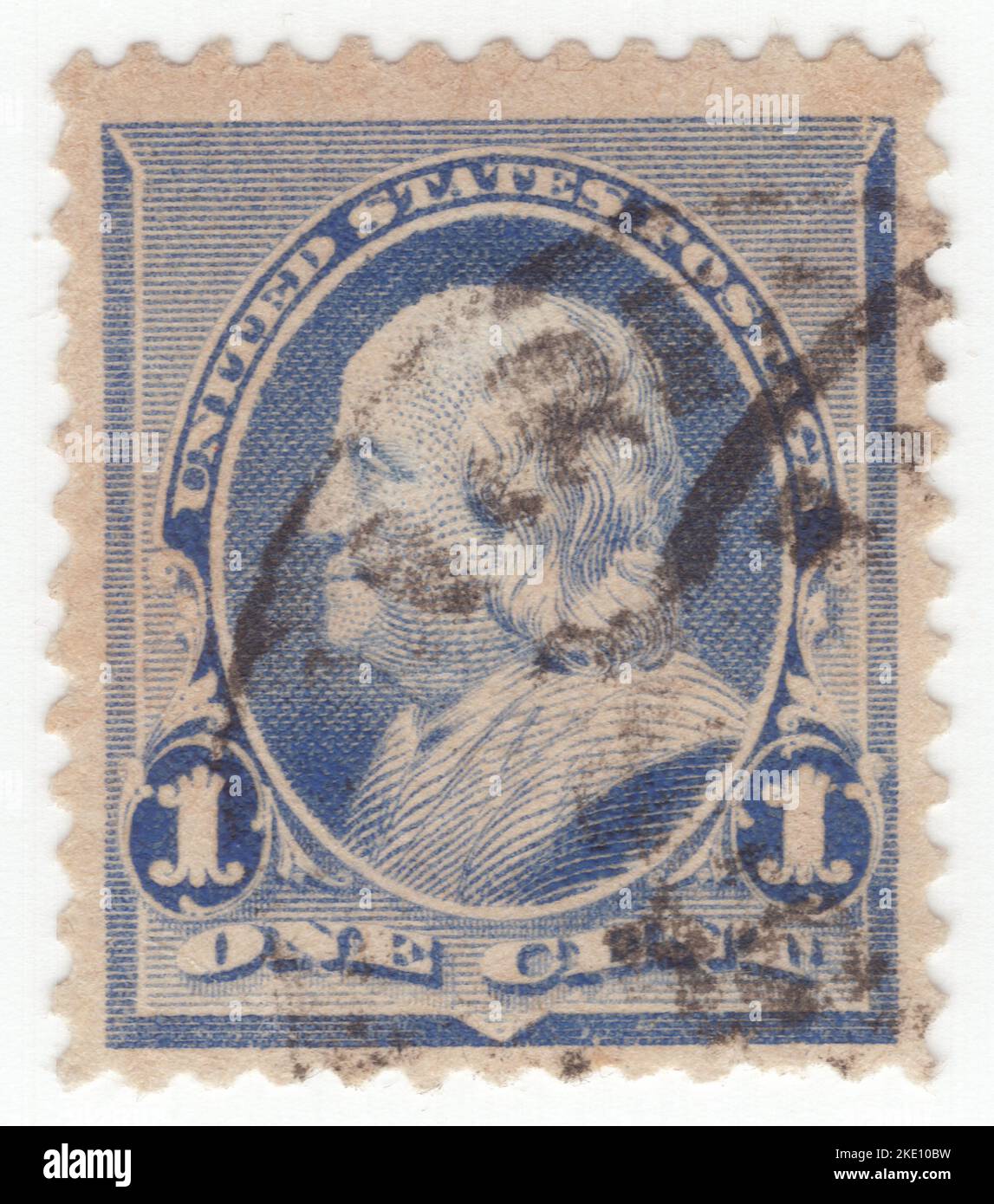 USA - 1890: Eine 1-Cent-Briefmarke mit einem Porträt von Benjamin Franklin. Amerikanischer Universalgelehrter, der als Schriftsteller, Wissenschaftler, Erfinder, Staatsmann, Diplomat, Drucker, Verleger und politischer Philosoph. Unter den führenden Intellektuellen seiner Zeit war Franklin einer der Gründungsväter der Vereinigten Staaten, ein Drahter und Unterzeichner der Unabhängigkeitserklärung der Vereinigten Staaten und der erste Vereinigte Staaten Postmaster General Stockfoto