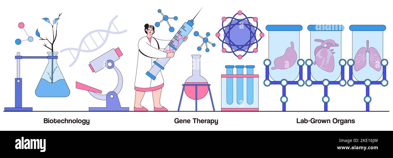 Biotechnologie, Gentherapie, im Labor gewachsene Organe Konzepte mit Menschen-Charakteren. Vektorgrafik für die Bioengineering-Industrie. Stammzellen, Arbeiter Stock Vektor