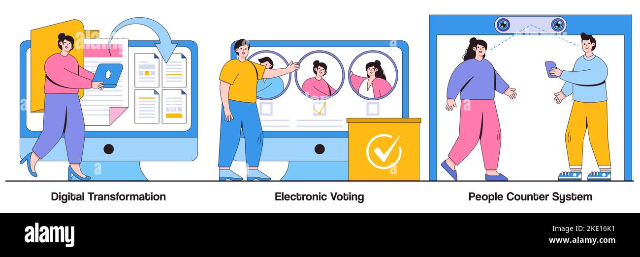 Digitale Transformation, elektronisches Voting, Menschen begegnen Systemkonzepten mit Menschen-Charakteren. Digitalisierungs-Illustrationspaket. Papierloser Workflow Stock Vektor