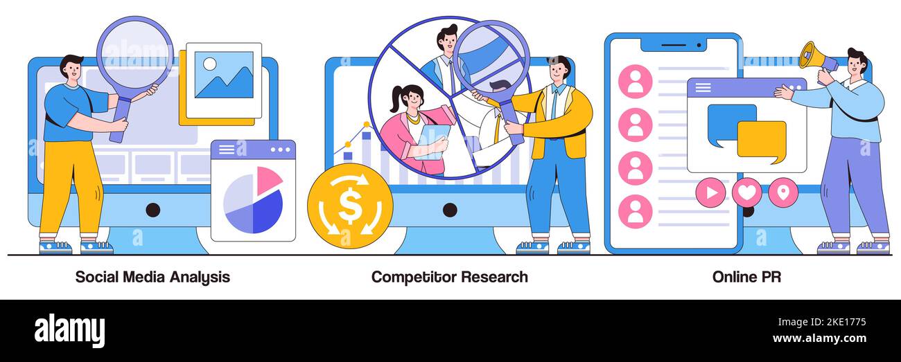 Social-Media-Analyse, Wettbewerbsforschung, Online-PR-Konzepte mit Menschen-Charakteren. Produkt Werbung Strategie Entwicklung Vektor Illustration pa Stock Vektor