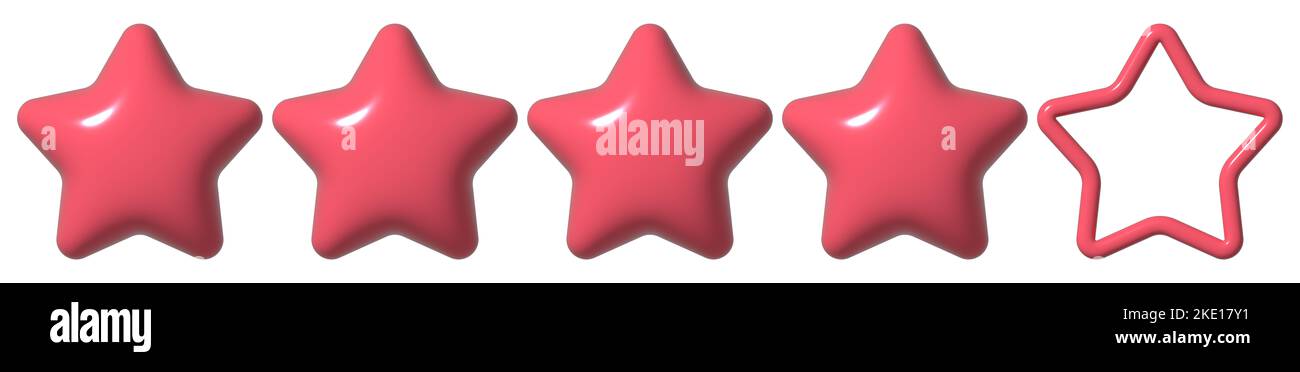 3D Sterne-Symbol anzeigen. Bewertung von 3D Elementen für soziale Medien und mobile Anwendungen. Fünf Sterne in glänzend rosa roter Farbe. Feedback von Kunden zu Stockfoto