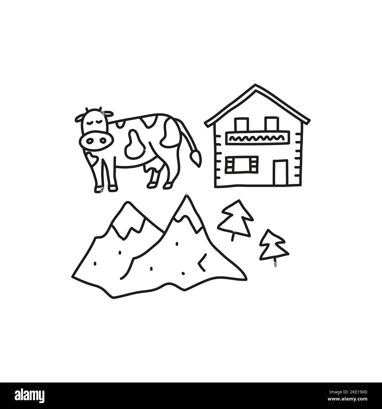 Doodle skizzieren Alpine Berge, Tannen, Kuh- und Chalet-Haus oder Ferienhaus auf weißem Hintergrund isoliert Stock Vektor