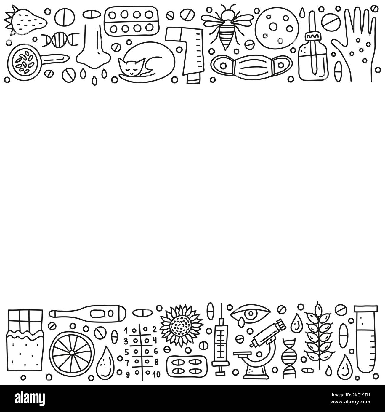 Poster mit Kritzeln skizzieren Allergie-Symbole einschließlich Hautausschlag, runny Eye, Maske, Katze, Honigbiene, Mikroskop, dnk, Pipettenflasche, Spritze, Thermometer A Stock Vektor
