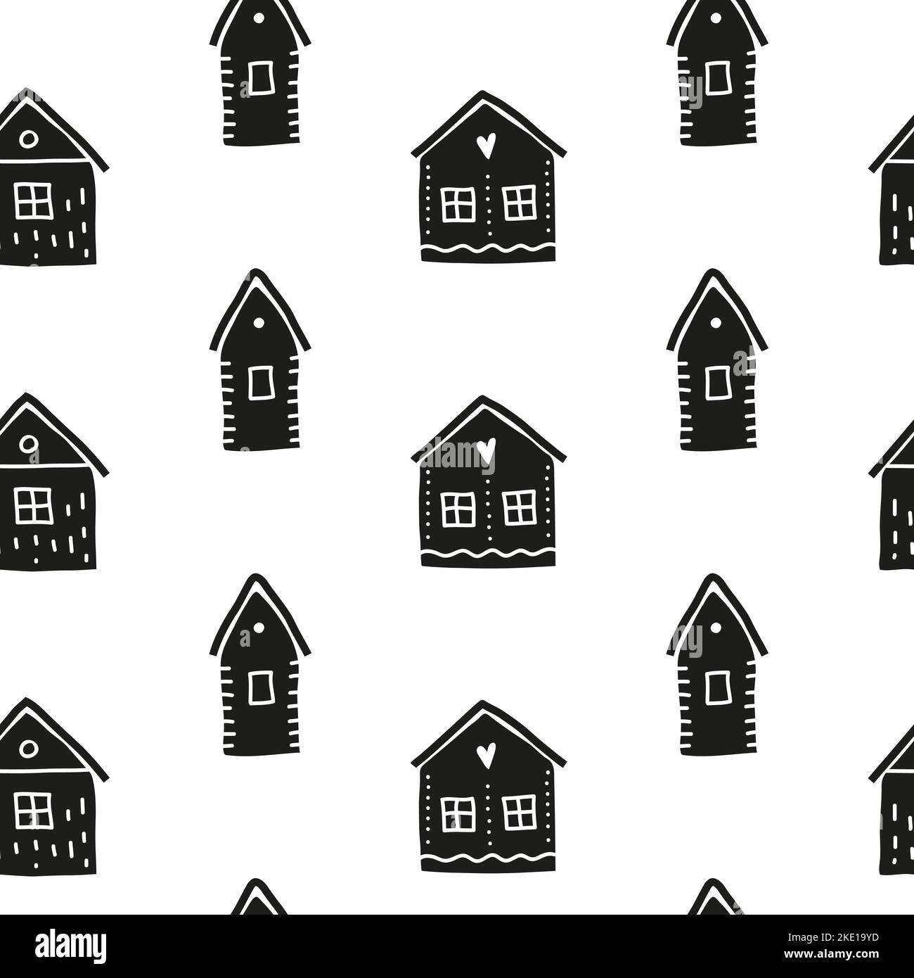 Nahtloses Schwarz-Weiß-Muster mit Doodle-Häusern im skandinavischen Stil. Stock Vektor