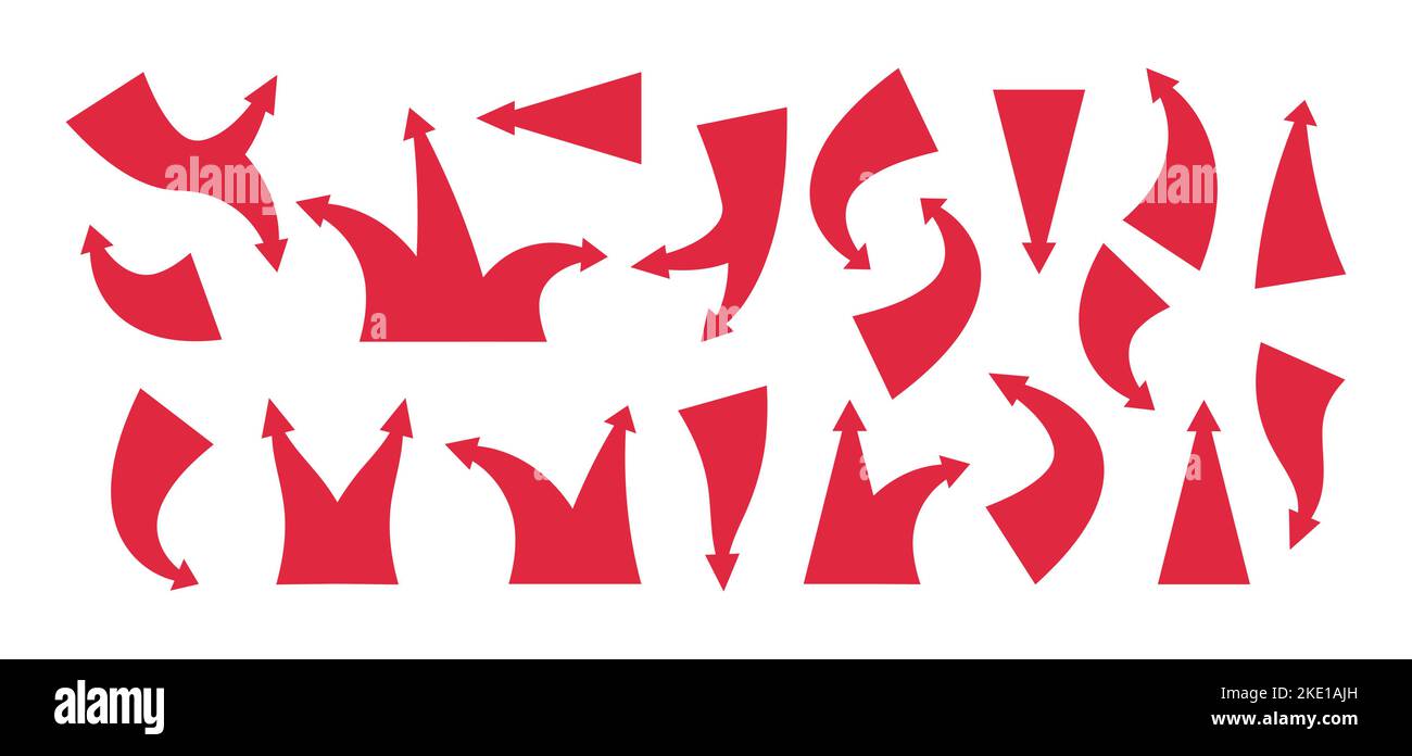 Rote Angriffspfeile. Cartoon-Zeigersymbole für das Design von Karten-Infografik, flach, einfach vorwärts, zurück nach unten, Cursor, taktische Elemente. Vektor-isolierter Satz von p Stock Vektor