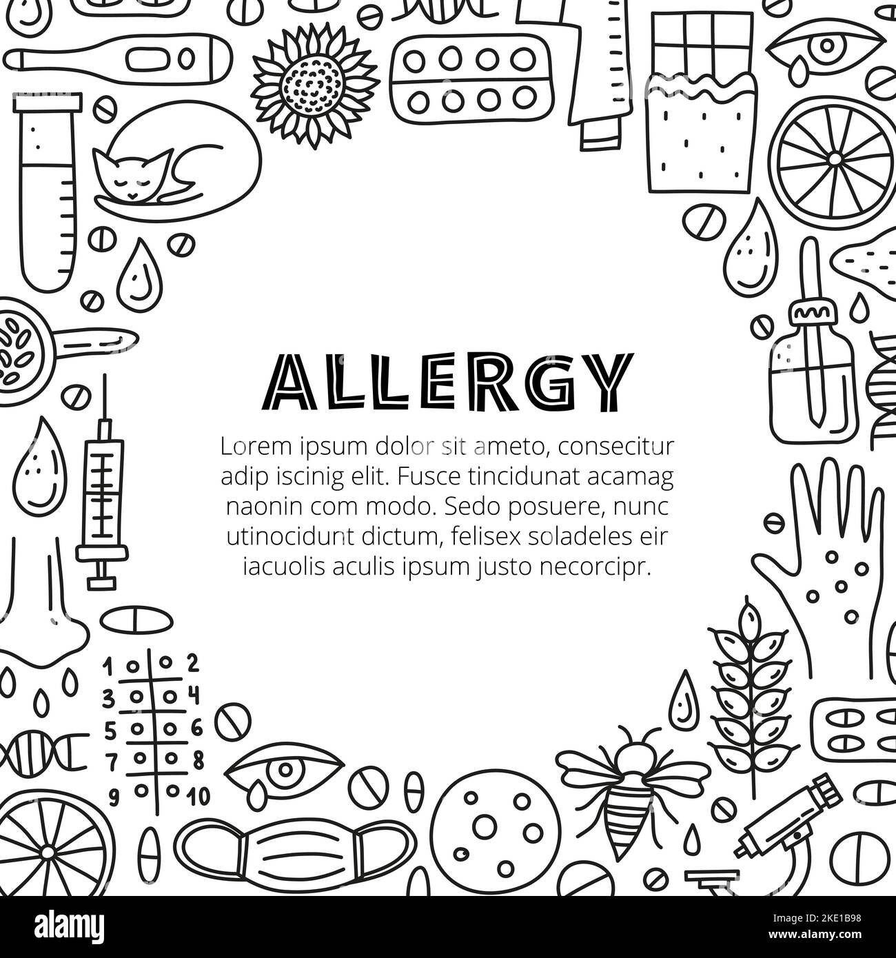 Poster mit Schriftzügen und Kritzeln skizzieren Allergiesymbole, darunter Hautausschlag, runny Eye, Maske, Katze, Honigbiene, Mikroskop, dnk, Pipettenflasche, Spritze, Stock Vektor