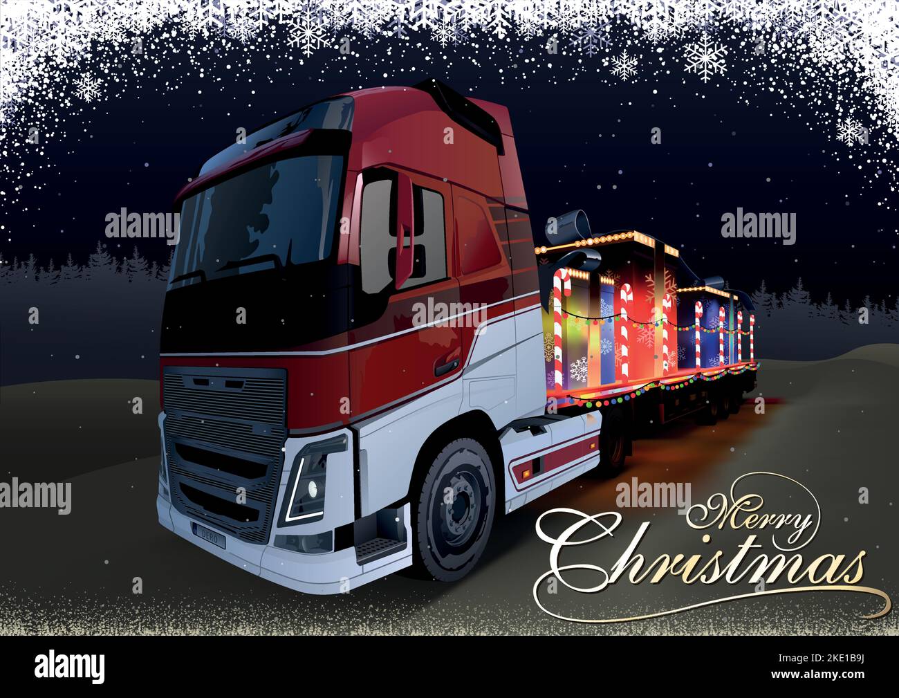 Weihnachtskarte mit LKW und Anhänger voller Geschenke Stock Vektor