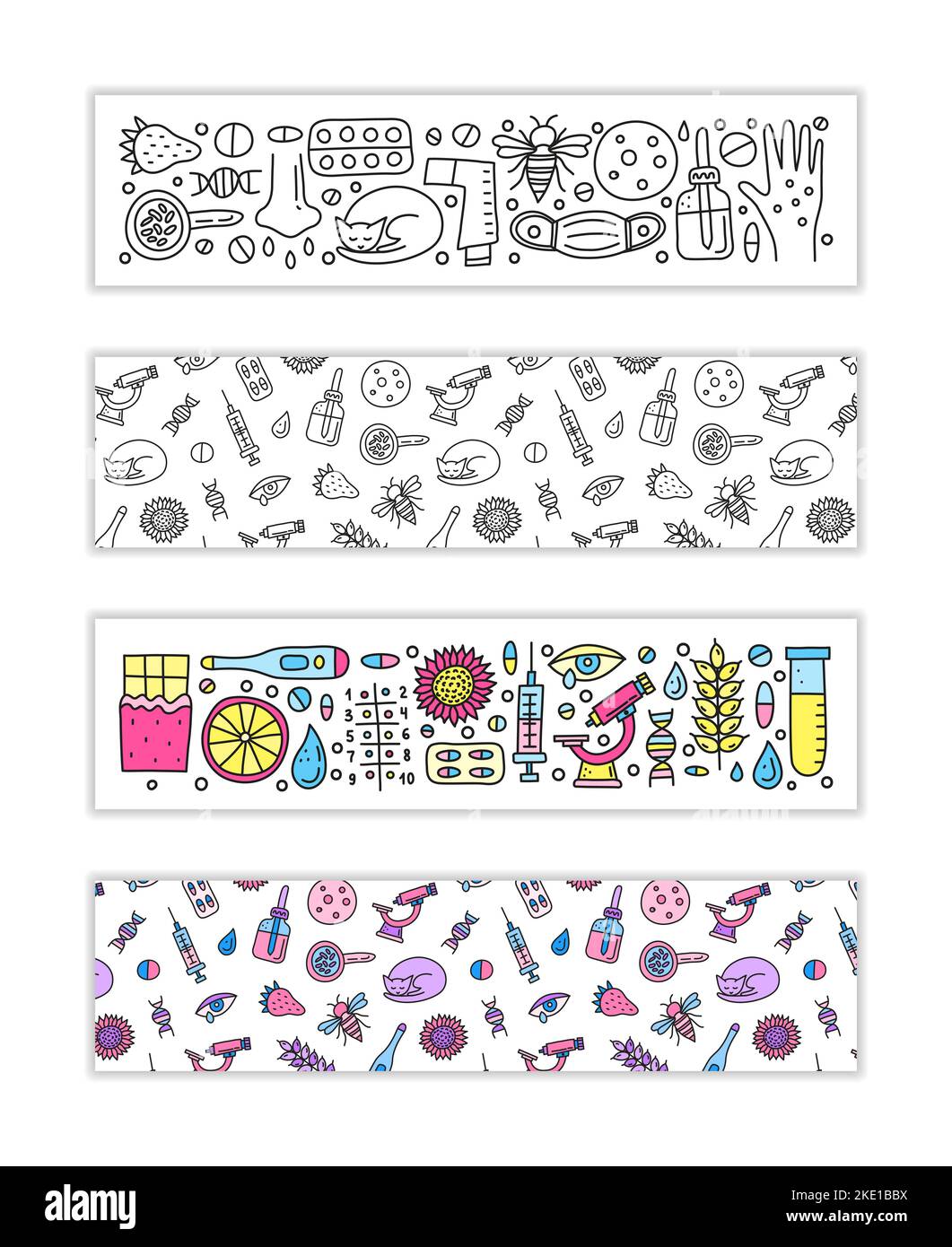 Horizontale Banner mit kritzelfarbenen Allergiesymbolen wie Hautausschlag, runny Eye, Maske, Katze, Honigbiene, Mikroskop, dnk, Pipettenflasche, Spritze, t Stock Vektor