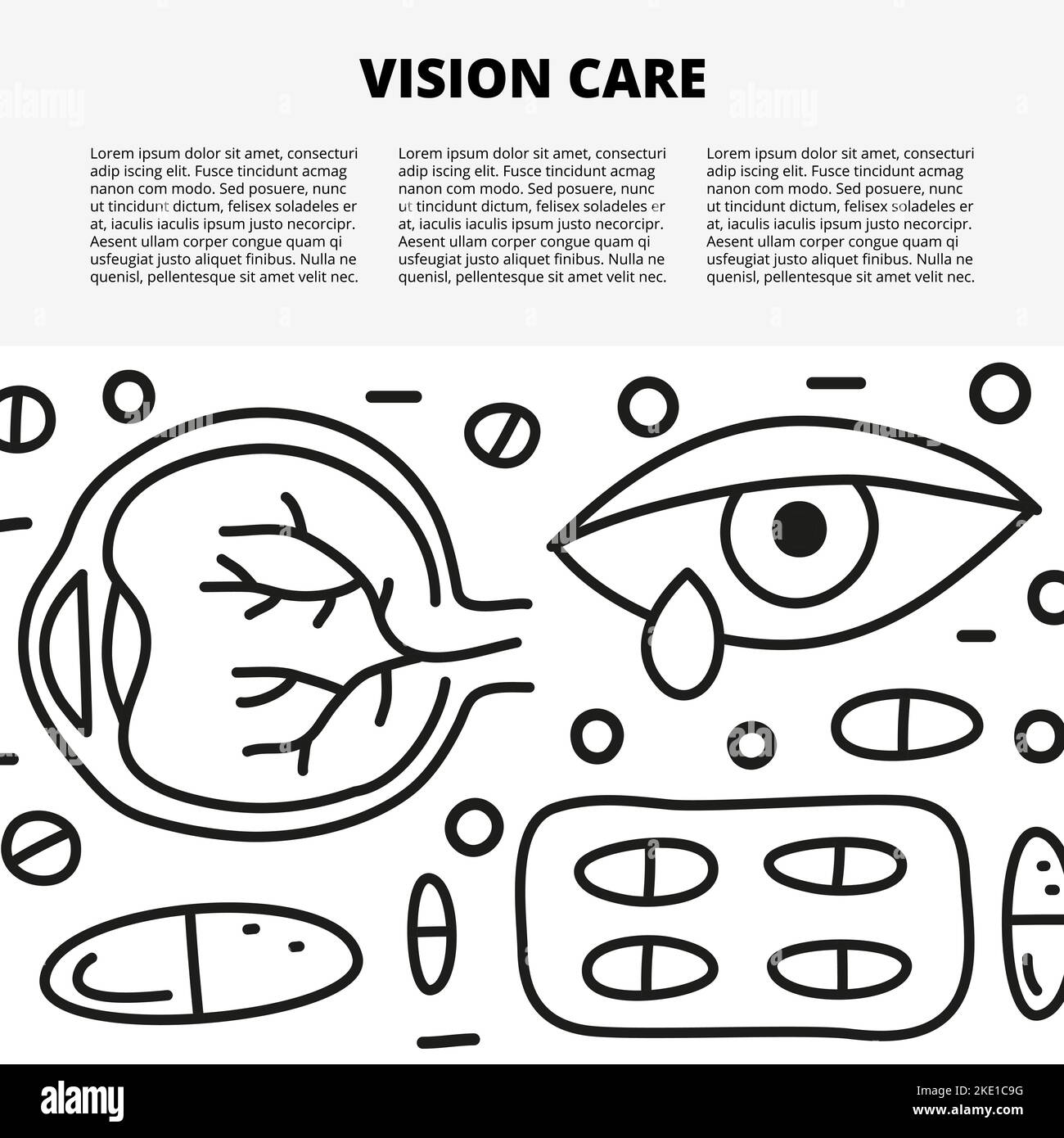 Artikelvorlage mit Platz für Text und Doodle skizzieren ophthalmologische Symbole einschließlich runny Eye, Hornhaut, Pillen Blister isoliert auf weißem Hintergrund. Stock Vektor