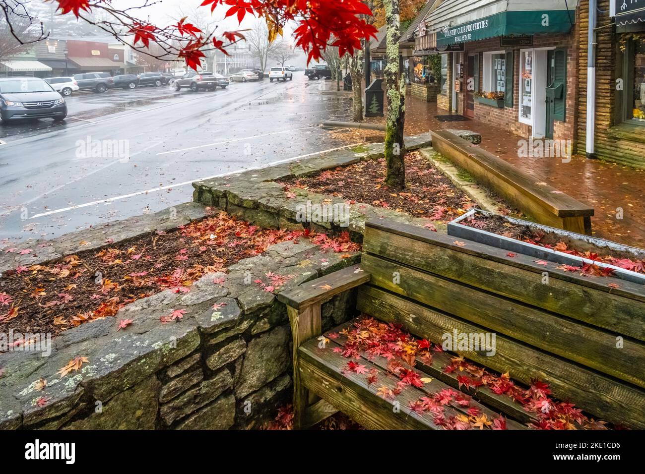 Bunte gefallene Ahornblätter bedecken an einem nebligen Herbstmorgen eine Bank in der Innenstadt und einen gemauerten Bürgersteig auf der Main Street in Highlands, North Carolina. (USA) Stockfoto