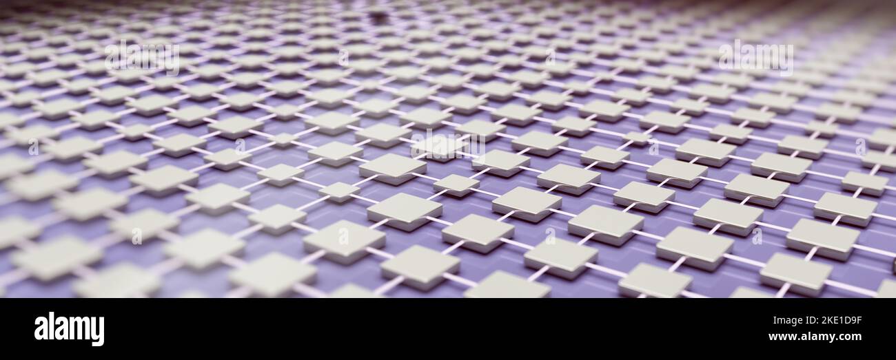 Netzwerk-Blockchain verwischen Hintergrundtextur. Silberne quadratische Partikel- und Leitungsverbindung. Kryptowährung, Big Data, digitale Technologie. Banner. 3D rende Stockfoto