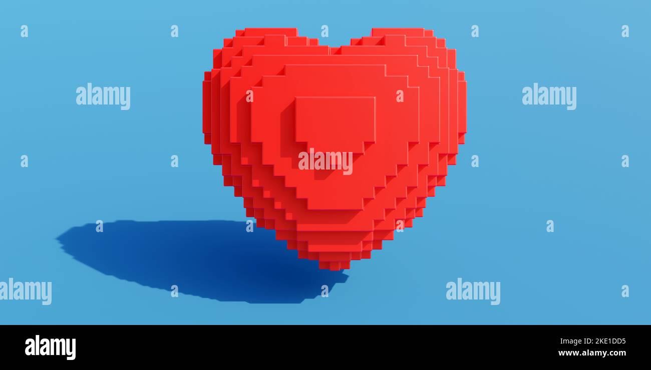 Voxel Art, isometrische Leidenschaft rote Farbe Herzform mit Schatten auf blauem Hintergrund. Pixel-Style, digitale Liebe zum Valentinstag. 3D Rendern Stockfoto