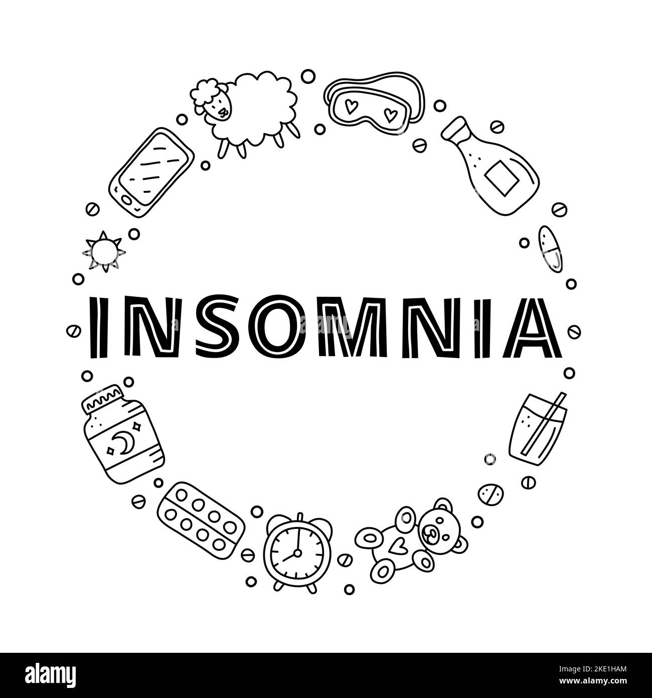 Doodle skizzieren Symbole für Schlaflosigkeit und Schlafenszeit, einschließlich Kissen, Uhr, Milch, Schafe, Mond, Pillen, Buch, Smartphone, Katze, Schlafmaske, teddybär und Brief Stock Vektor