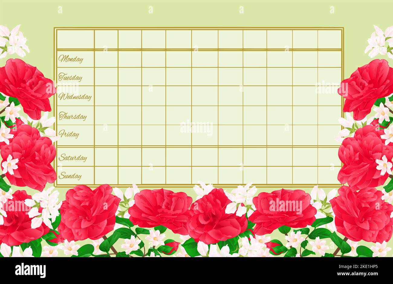 Stundenplan Wochenplan mit Camellia Japonica Vintage Vektor Illustration editierbare Handzeichnungen Stock Vektor