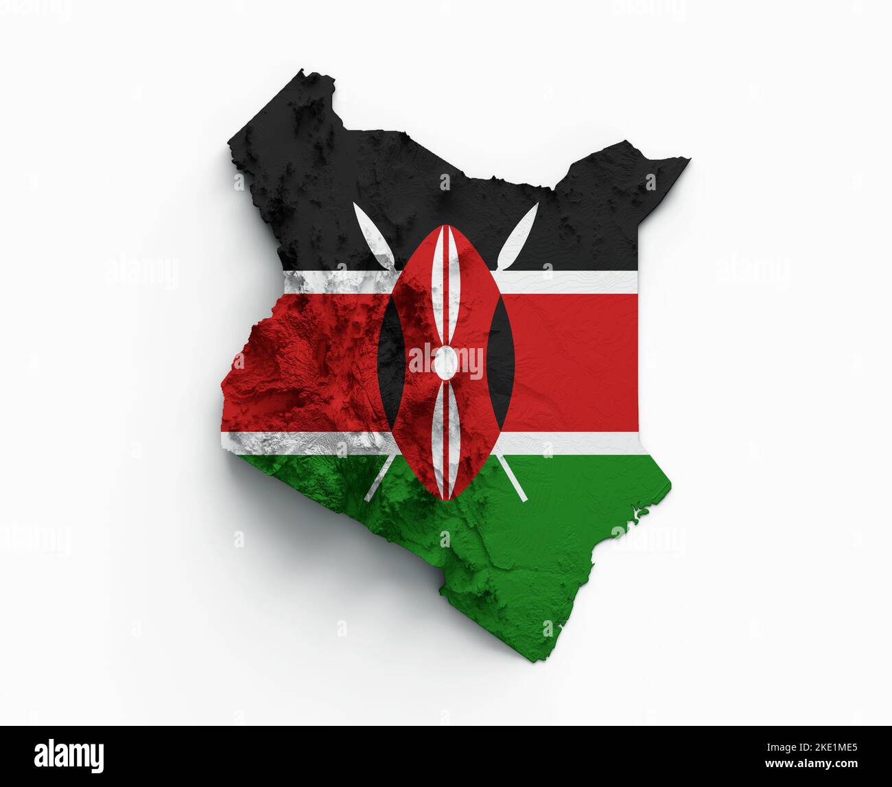 Eine Darstellung der farbenfrohen Kenya-Karte aus dem Jahr 3D mit schattiertem Relief, isoliert auf einer weißen Oberfläche Stockfoto