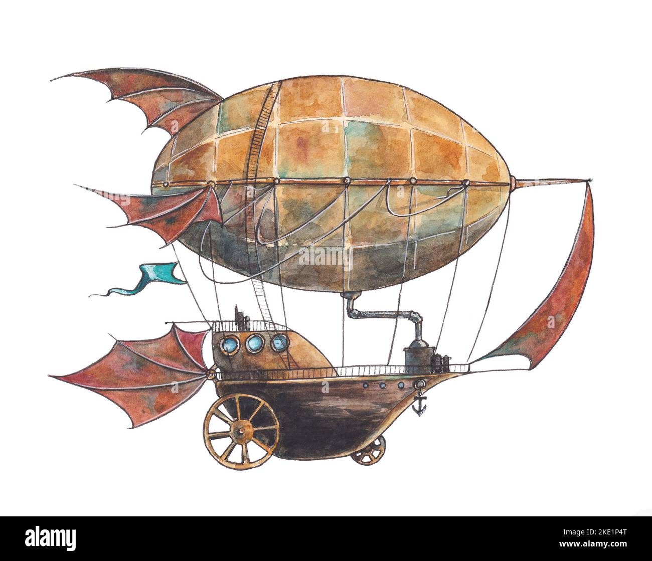 Aquarell Illustration fantastisches Bronze Steampunk Luftschiff auf weißem Hintergrund Stockfoto