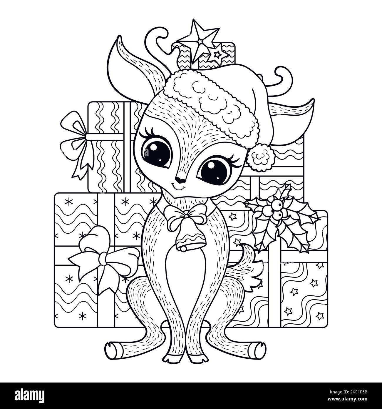 Niedliche kleine Rentiere in Weihnachtsmann Hut und Geschenke. Schwarz-weiße lineare Zeichnung. Für Kinder Gestaltung von Drucken, Plakaten, Malbüchern, Postkarten, pu Stock Vektor