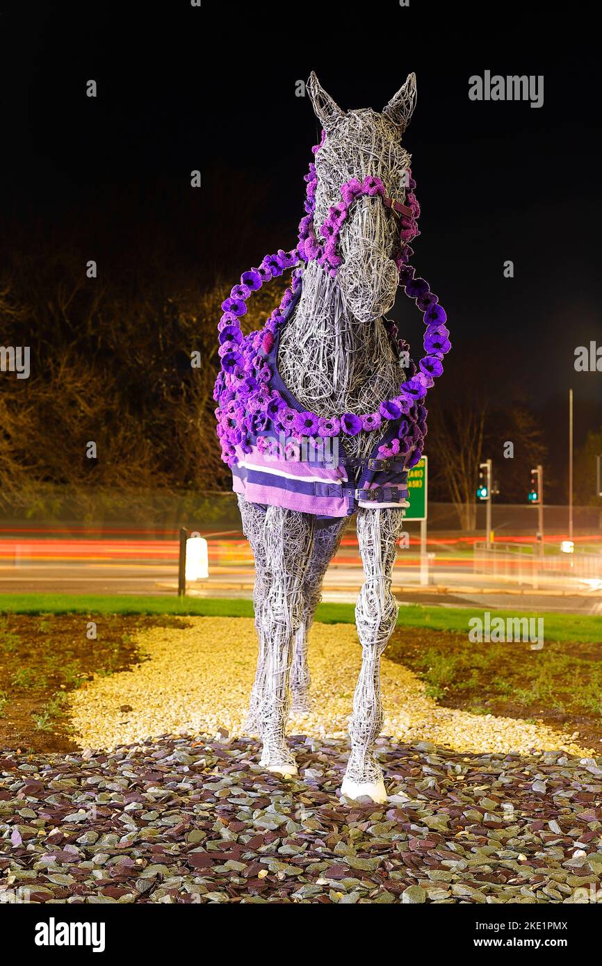 Die Pferdeskulptur in Horsforth in Leeds wurde von Murphy's Army Purple Poppy Campaign mit einem neuen Purple Poppy Coat ausgestattet Stockfoto