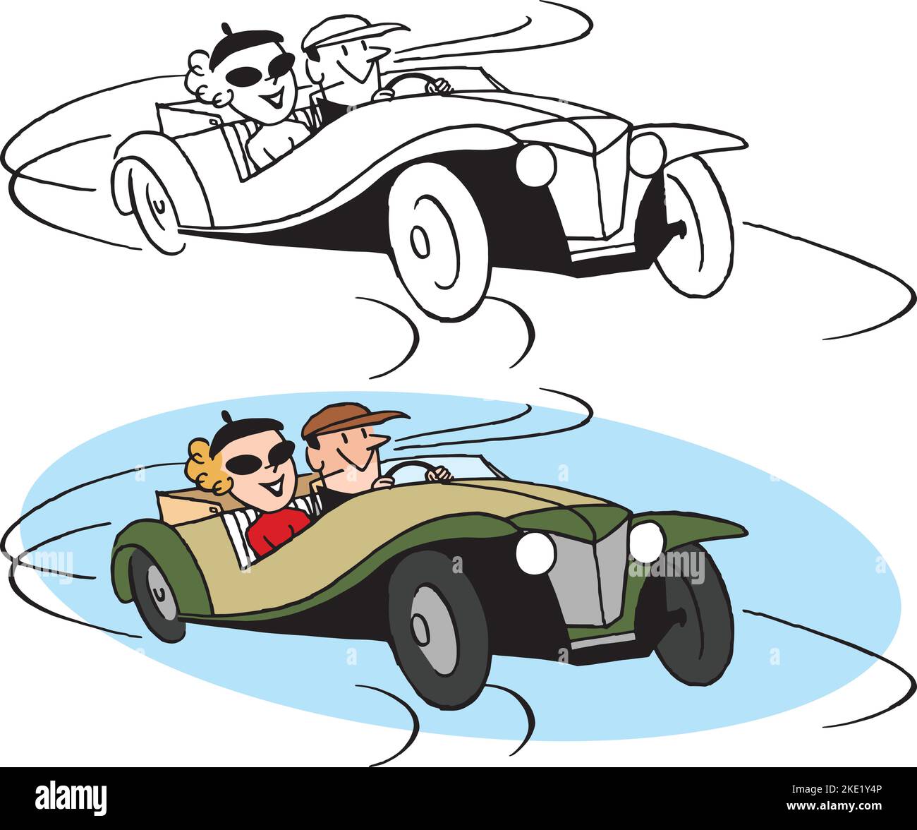 Ein Vintage Retro-Cartoon eines Paares, das ein Oldtimer-Roadster fährt. Stock Vektor
