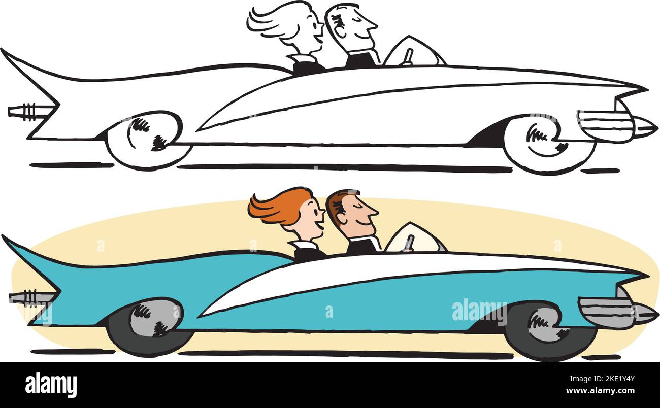 Ein Vintage-Retro-Cartoon eines Paares, das in seinem Cabrio-Sportwagen eine Freude hat. Stock Vektor