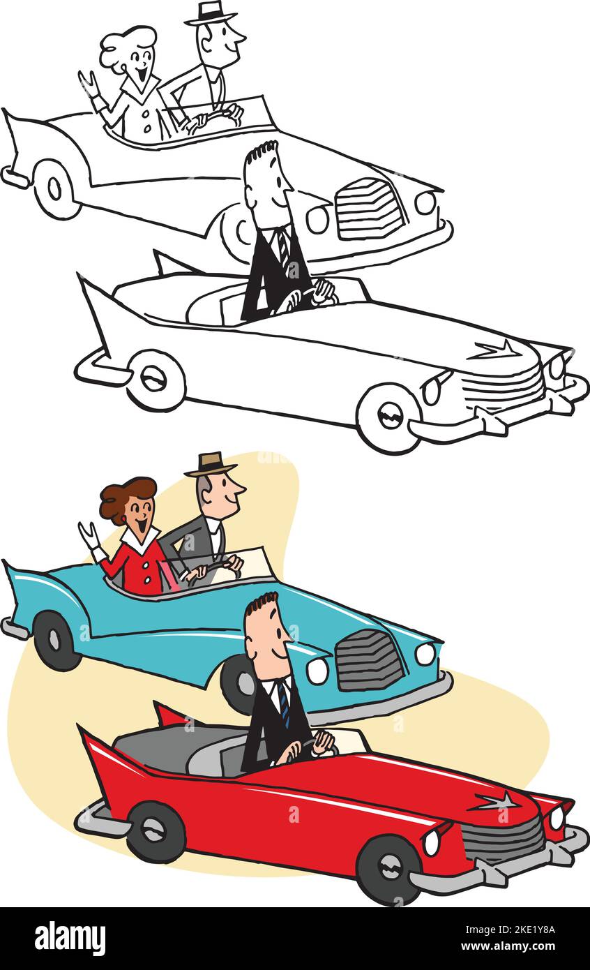 Ein Vintage Retro-Cartoon einer Gruppe von Menschen, die ihre Cabrio-Sportwagen fahren. Stock Vektor