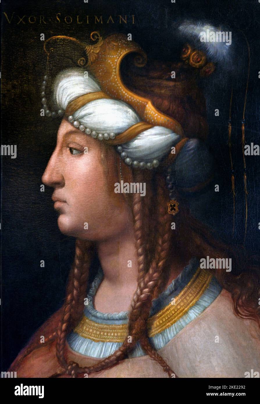Roxelana, Ehefrau von Suleiman dem Magnificent (Rohatyn, um 1500 - Istanbul, 1558) Cristofano dell'Altissimo Piti Palace Florenz, Italien, Italienisch. Die ukrainische Roxelana war eine der mächtigsten Frauen des 16.. Jahrhunderts. Ihr Name war Anastasia Lisowska und sie wurde in der Nähe von Lemberg von den tatarischen Marodeutern entführt: Sie führte zum Harem von Suleiman, Mittlerin der Beziehungen, Frieden sowohl mit Polen als auch mit dem mächtigen Persien. Stockfoto
