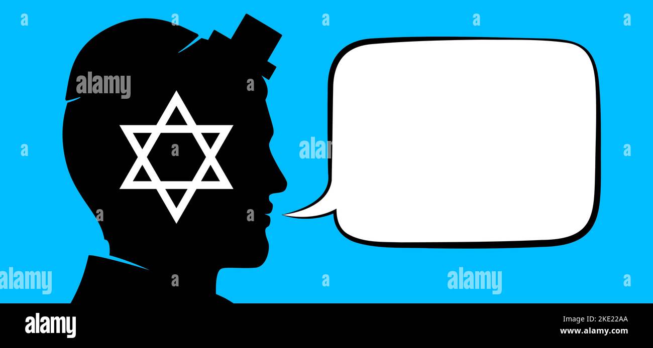 Jüdischer Beter mit leerer Textblase für Satz- oder Wortplatzierung. Eine jüdische Person spricht oder sagt etwas religiöses, flaches Vektorbild. Stock Vektor