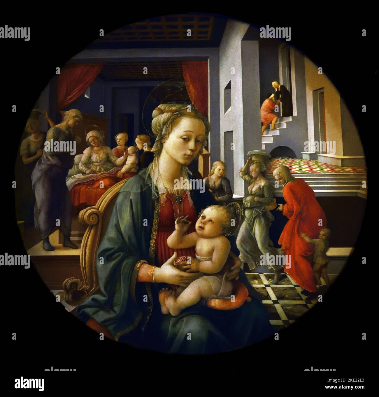 Jungfrau mit dem Kind und Szenen aus dem Leben der hl. Anna (Tondo Bartolini) 1452-1453 von Filippo Lippi 1406–1469 Piti Place, Florenz, Italien, Italienisch. Stockfoto