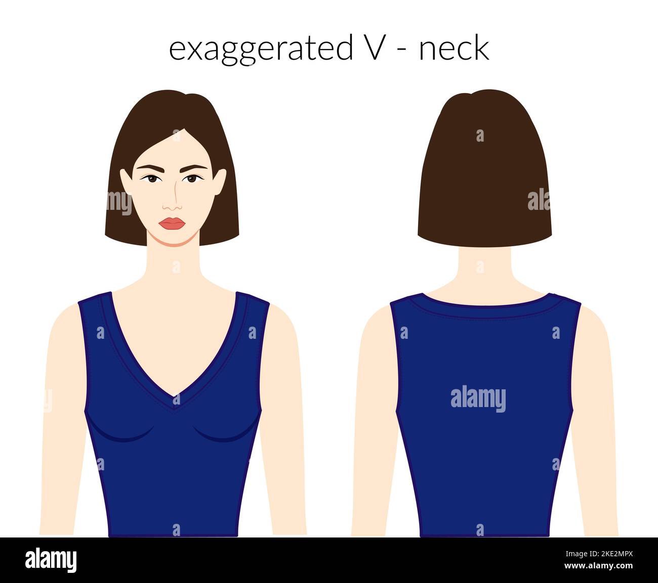 Übertriebene V - Ausschnitt Strick, Pullover Kleidung Charakter schöne Dame in blauen Top, Hemd, Kleid technische Mode Illustration. Flache Bekleidungsvorlage vorne, hinten. Frauen Männer Unisex CAD Mockup Stock Vektor