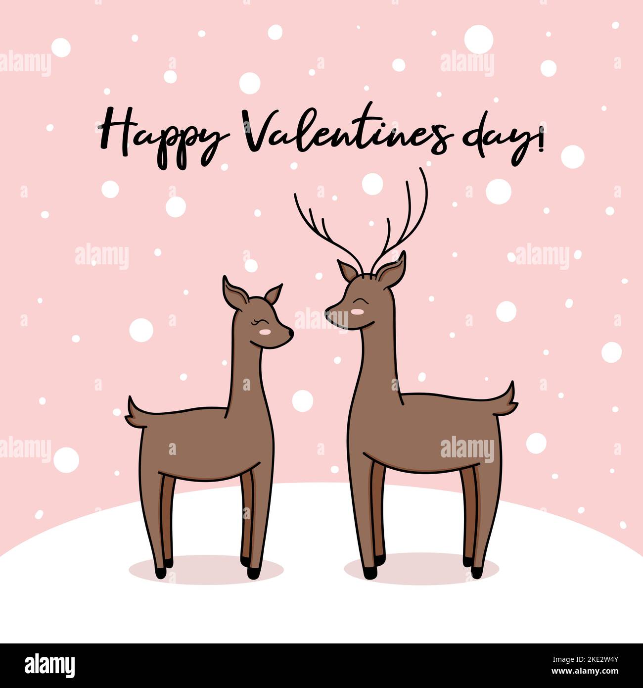 Valentinstag Karte Doodle Stil Vektor Illustration. Niedliche Waldhirsche Paar im Schnee, Rentier Liebe auf rosa Hintergrund Stock Vektor