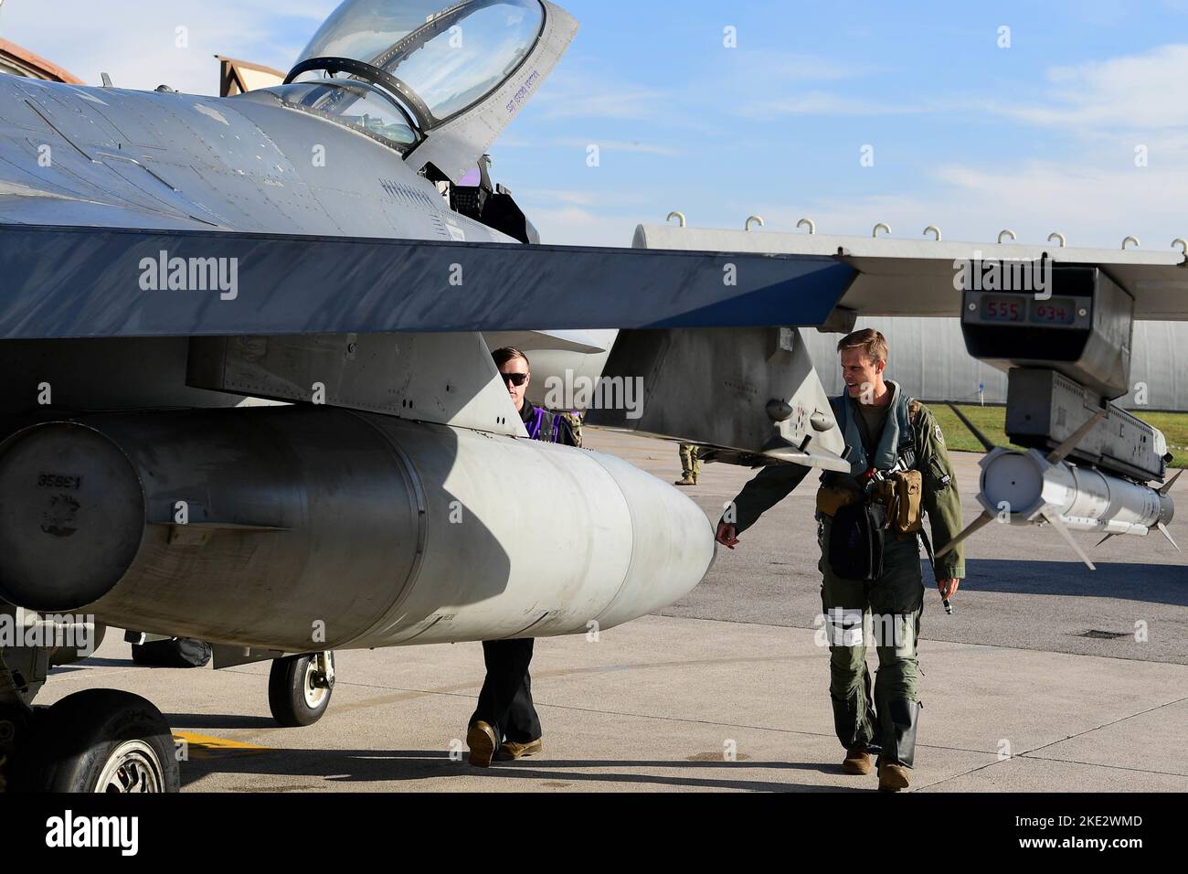 Ein Pilot, der dem 510. Fighter Squadron zugewiesen wurde, führt während der Übung Poggio Dart auf der Aviano Air Base, Italien, am 8. November 2022 Vorflugkontrollen durch. Poggio Dart ist eine von der NATO geleitete Übung, die sich auf die Stärkung der Interoperabilität zwischen Verbündeten der Vereinigten Staaten, italienischen, hellenischen und türkischen Luftstreitkräfte konzentriert. (USA Luftwaffe Foto von Senior Airman Noah Sudolcan) Stockfoto