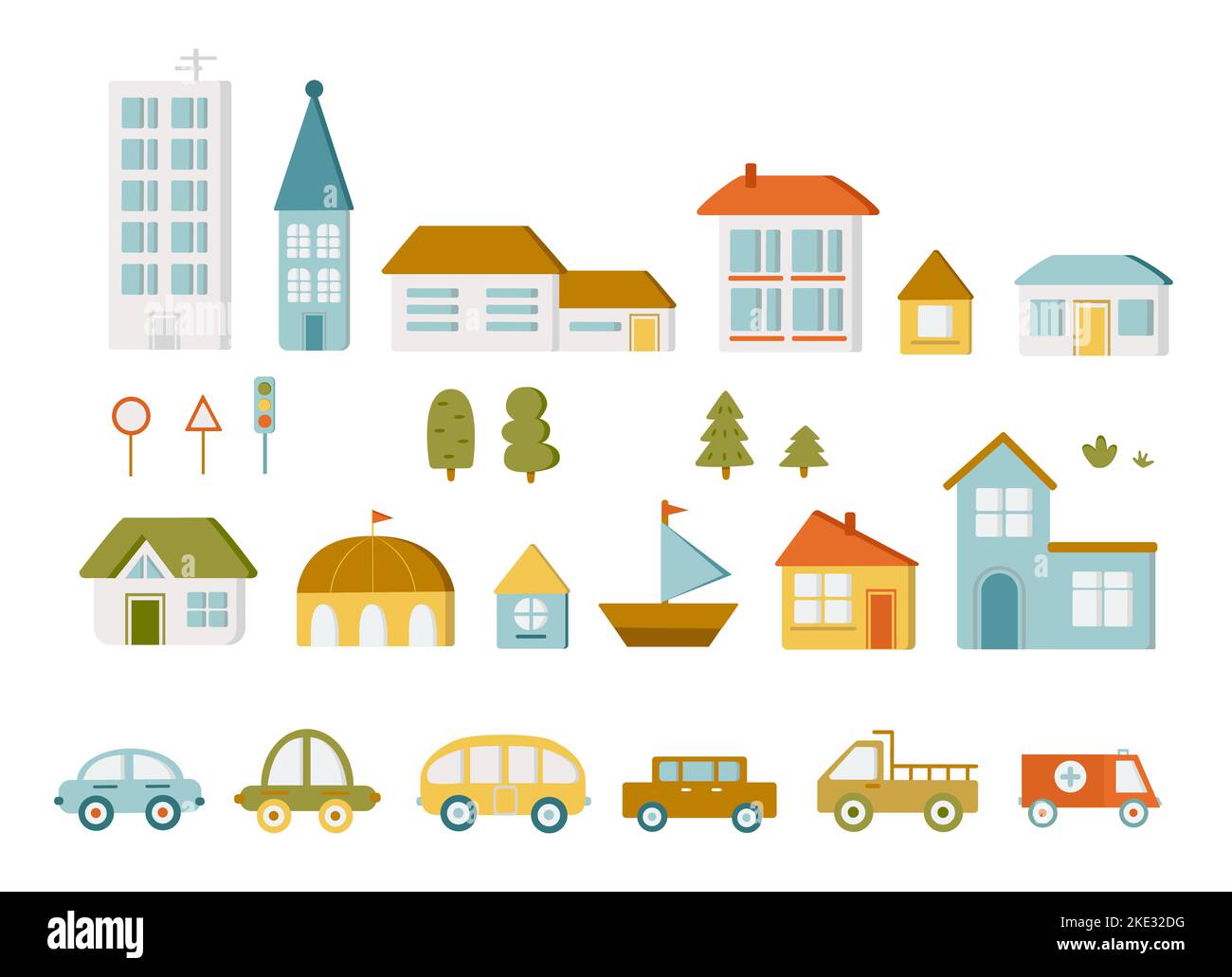 Designelemente einer modernen Stadt. Erstellen Sie eine Karte Ihrer eigenen Stadt mit Häusern und Autos Stock Vektor