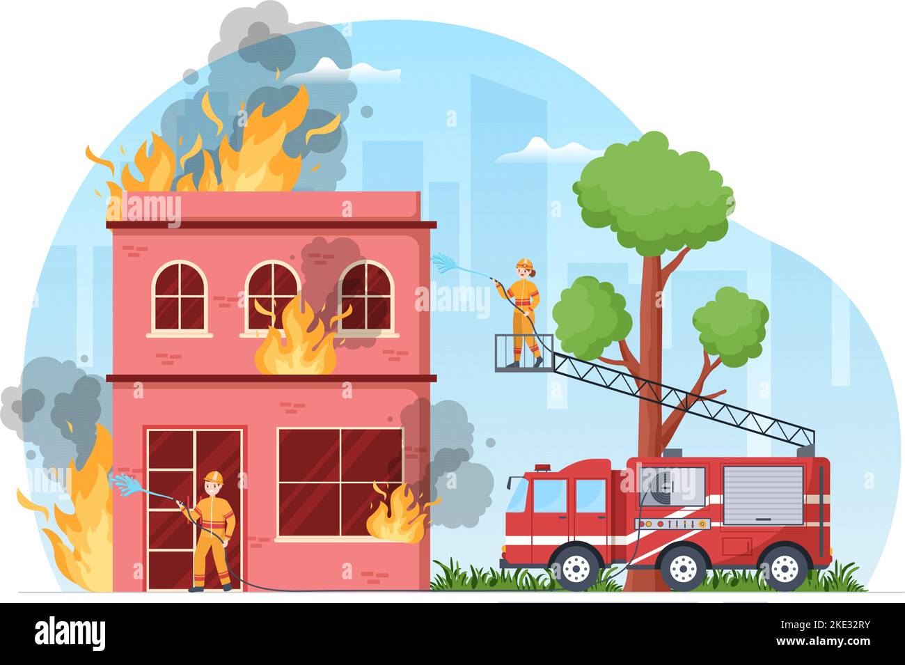 Feuerwehr mit Feuerwehrleuten, die Haus, Wald löschen und Menschen in verschiedenen Situationen helfen in flacher Hand gezeichneter Cartoon Illustration Stock Vektor