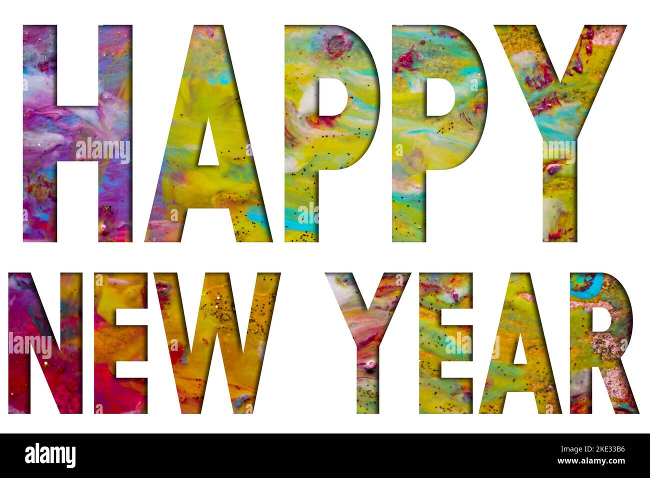 Abstrakte Natur Luxus Kunst, flüssige Malerei mit Happy New Year Text, Alkohol Tinte Technik. Das Bild enthält die Wirbel aus Marmor-Granit. Stockfoto