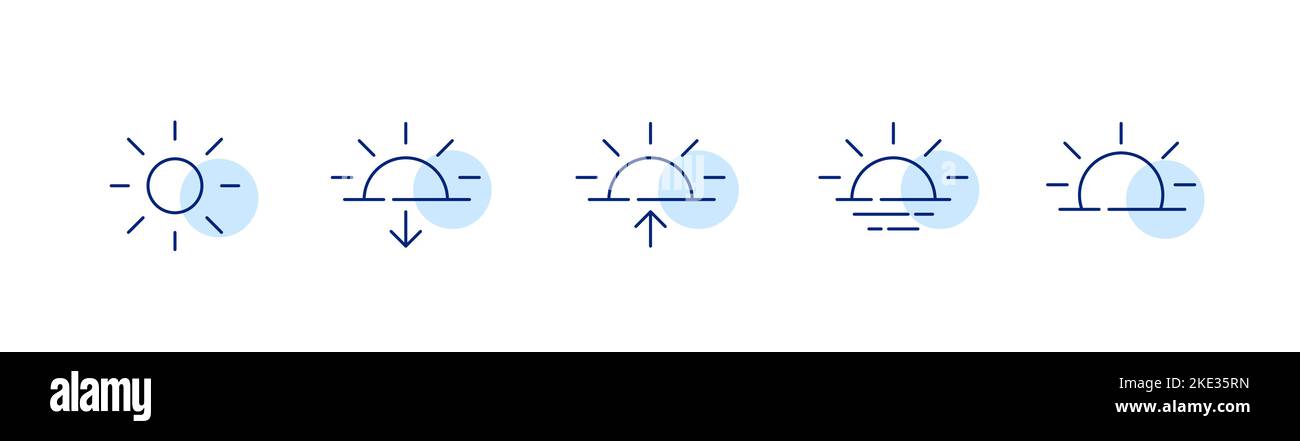 5 Wetterprognosesymbole. Die Sonne geht unter, geht auf und scheint. Pixel-perfekte, bearbeitbare Strichsymbole Stock Vektor