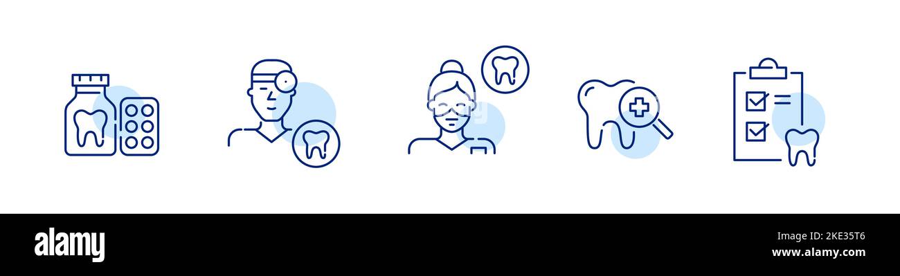 Set von zahnmedizinischen Spezialisten Symbole. Medizin, Arzt und Krankenschwester, zahnärztliche Untersuchung. Pixelgenaue, bearbeitbare Kontur Stock Vektor