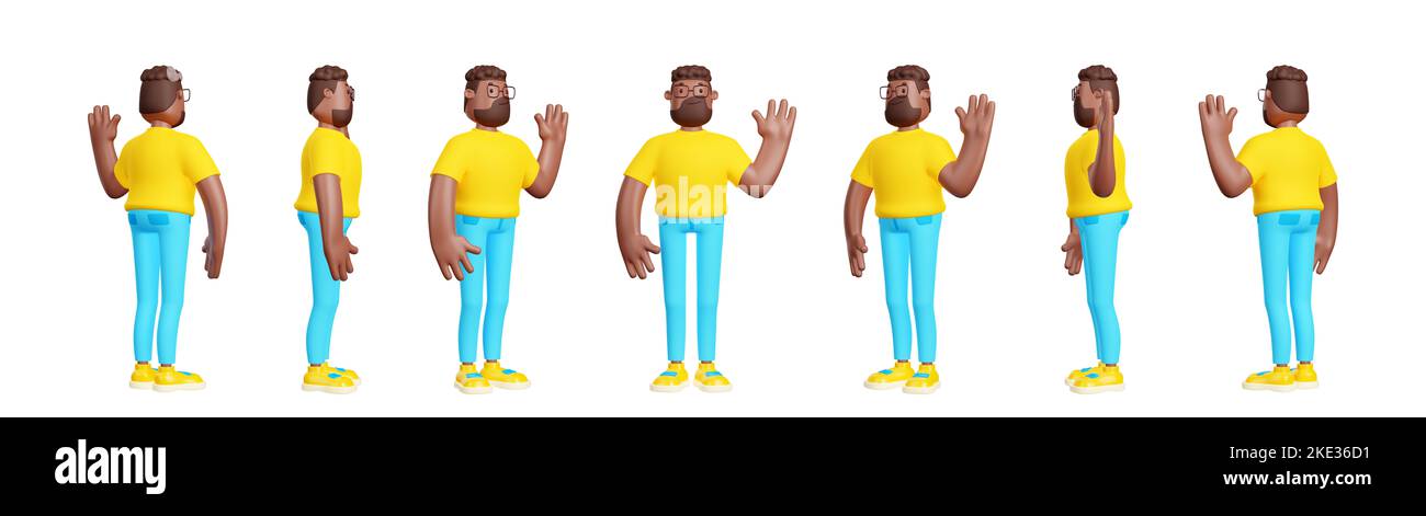 3D Render, männliches Charaktermodell Sprite Blatt Turnaround Animation. Moderner schwarzer Mann mit Brauenhaar und Bart tragen Jeans und T-Shirt winkende Hand volle Höhe Seite, hinten und vorne Cartoon-Set Stockfoto