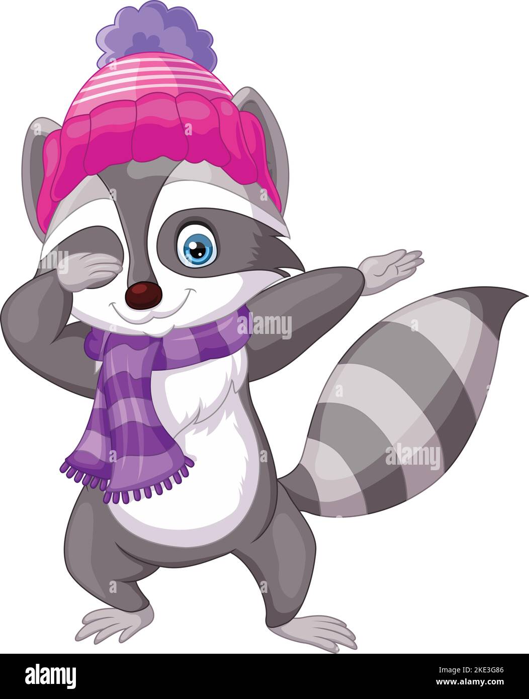 Cartoon Waschbär Dabbing mit Hut und Schal Stock Vektor
