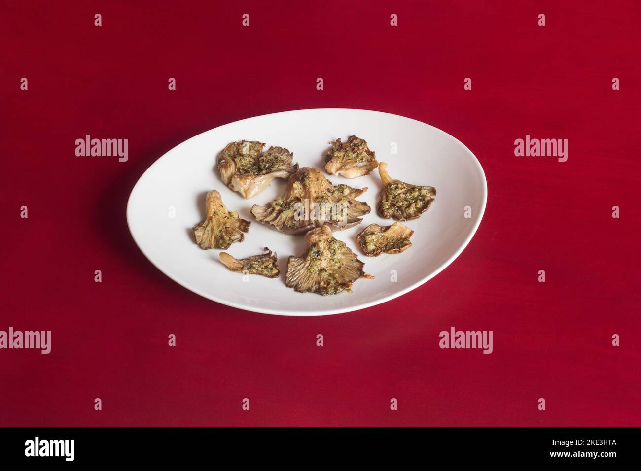 Eine Portion gebackene Pilze mit Knoblauch, Chili und Petersilie auf einer eleganten weißen Keramikplatte in einem farbenfrohen Studiohintergrund mit Kopierfläche. Gesundheit Stockfoto