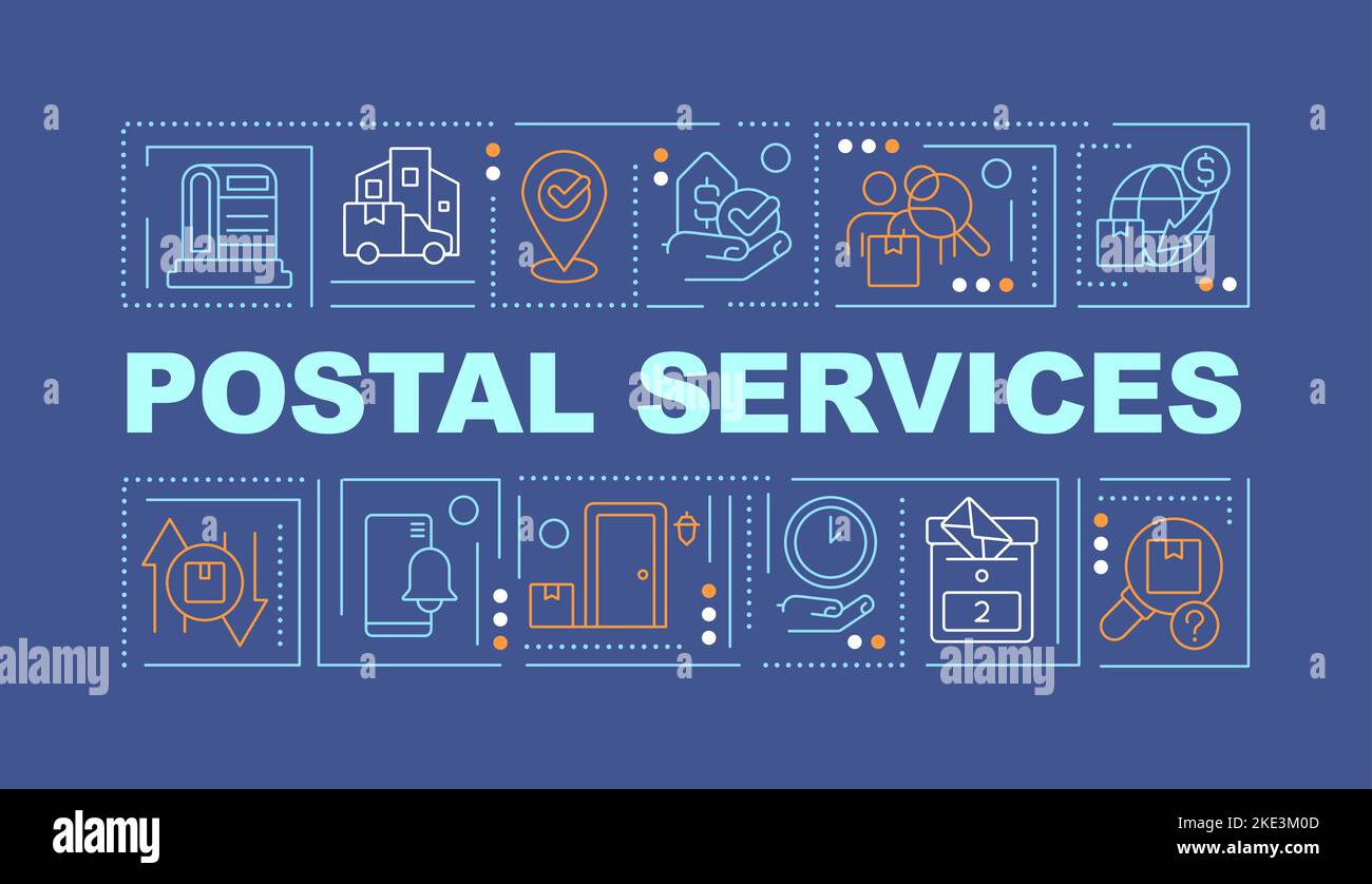 Postdienste Wortkonzepte dunkelblaues Banner Stock Vektor