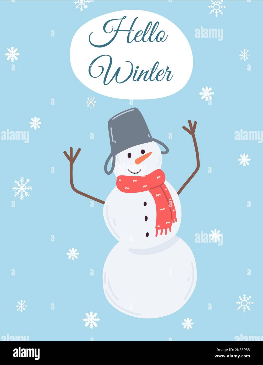 Lustige Schneemann Grußkarte im Cartoon-Flat-Stil. Handgezeichnete Vektordarstellung der Weihnachtskarte auf blauem Hintergrund mit Schneeflocke Stock Vektor