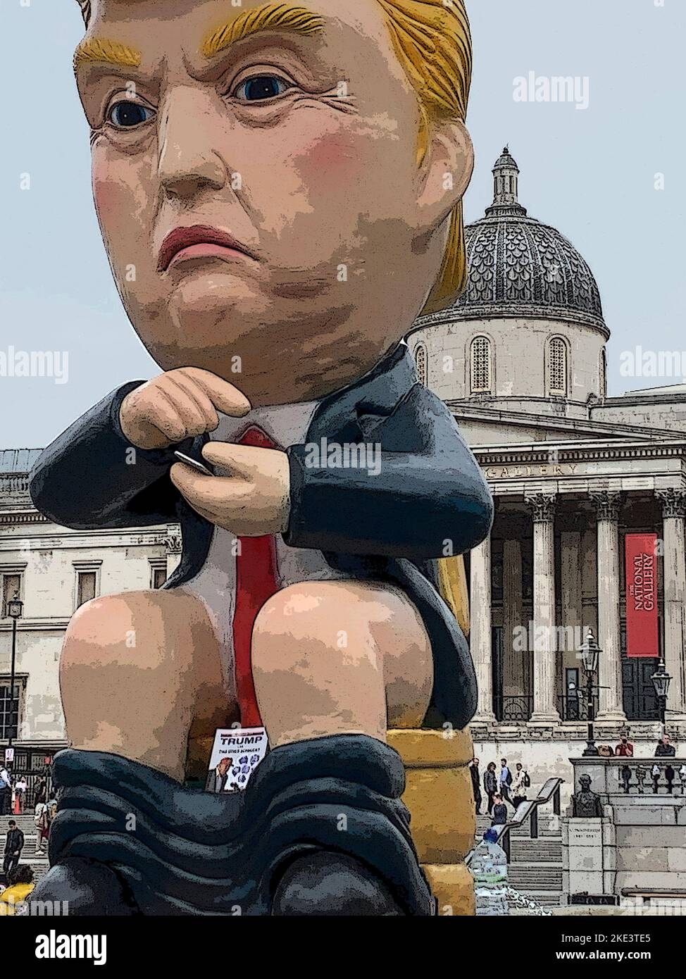 Illustratives Bildnis des Präsidenten der Vereinigten Staaten, Donald Trump, sitzt auf einer Toilette, twittert auf dem Trafalgar Square London UK. Stockfoto