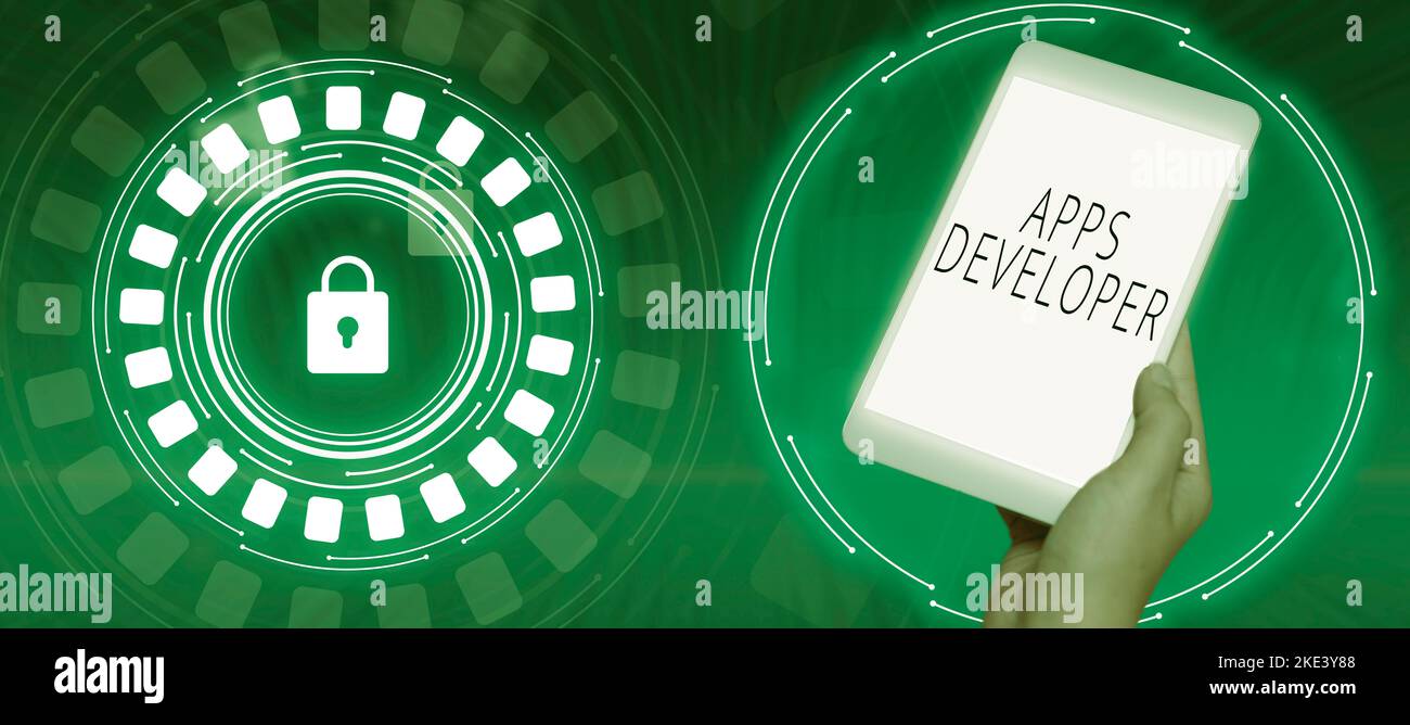 Textunterschrift mit Darstellung von Apps Developer. Business Approach Grafiker Software Programmierer und Analyst Experten Stockfoto