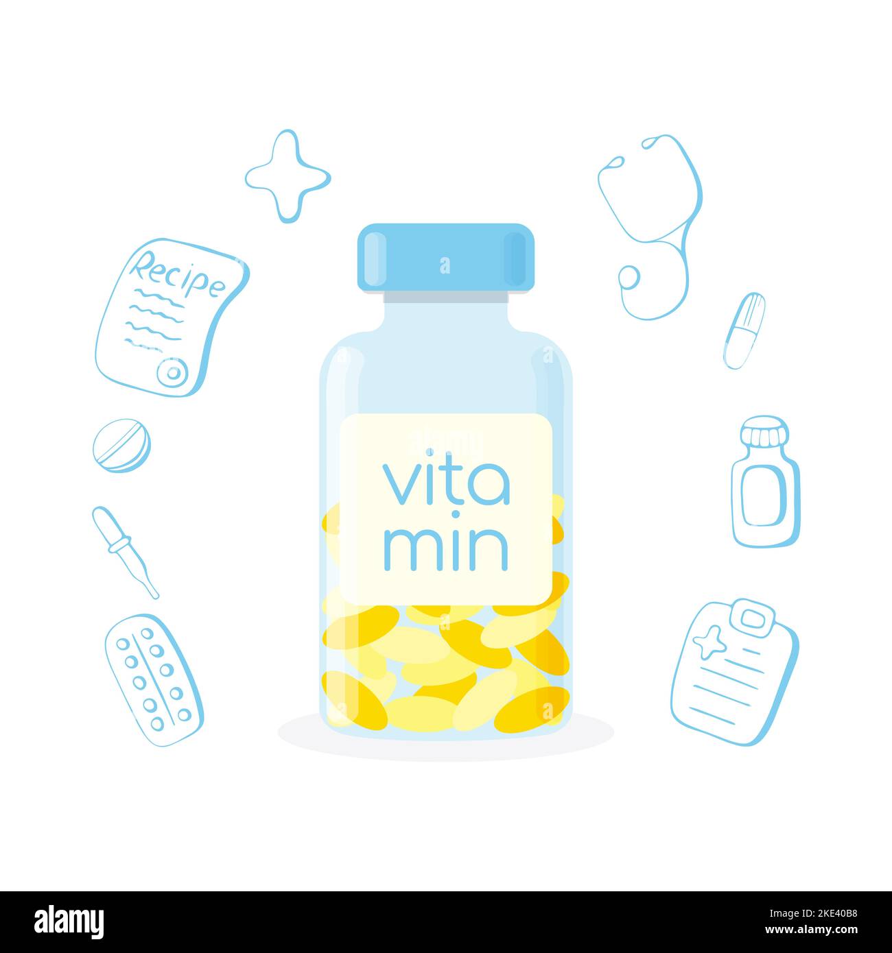 Vitaminflasche mit Kapseln und Doodle medizinische Elemente, Gesundheit, Medizin. Vektorgrafik Stock Vektor