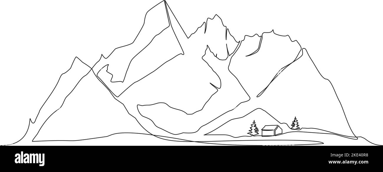 Einzelne fortlaufende Linienzeichnung der Berglandschaft mit Hütte und Bäumen, Linienkunst-Vektor-Illustration Stock Vektor