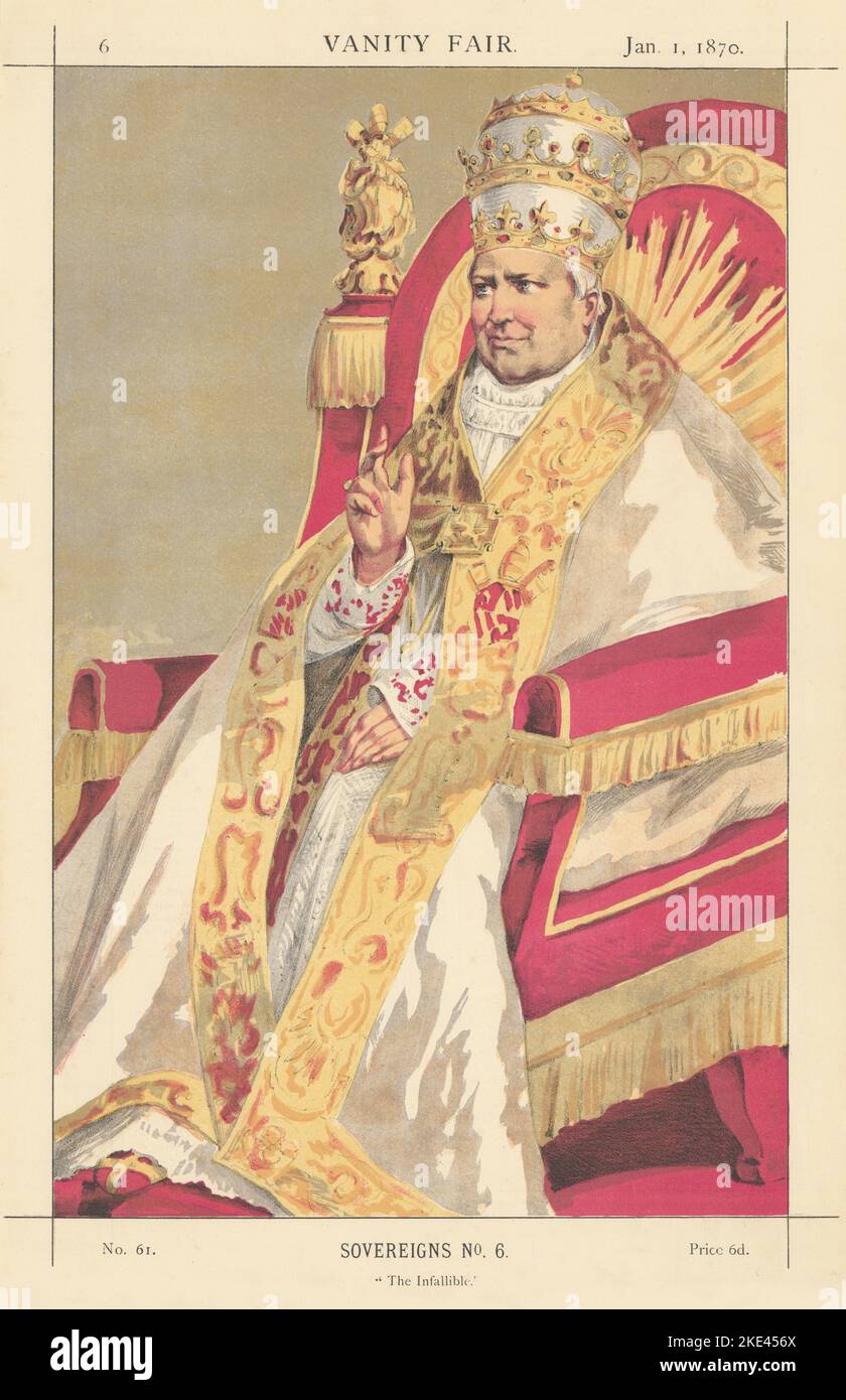 EITELKEIT FAIR SPION CARTOON Papst Pius IX "der unfehlbare" Klerus. Coidé 1870-Druck Stockfoto