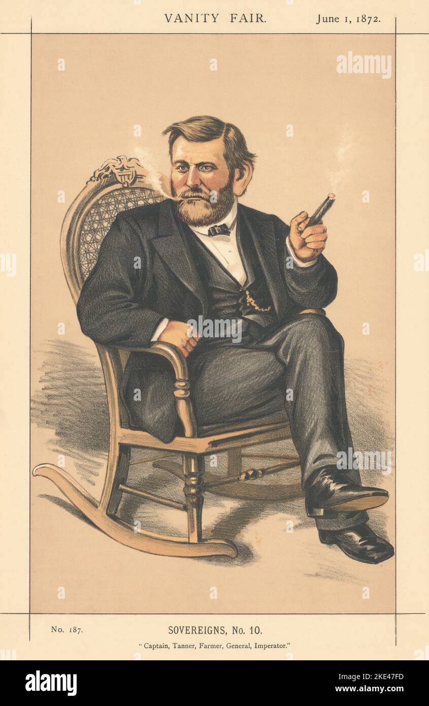 EITELKEIT FAIR SPIONAGE CARTOON Ulysses Grant 'Kapitän, Tanner, Bauer, General…' 1872 Stockfoto