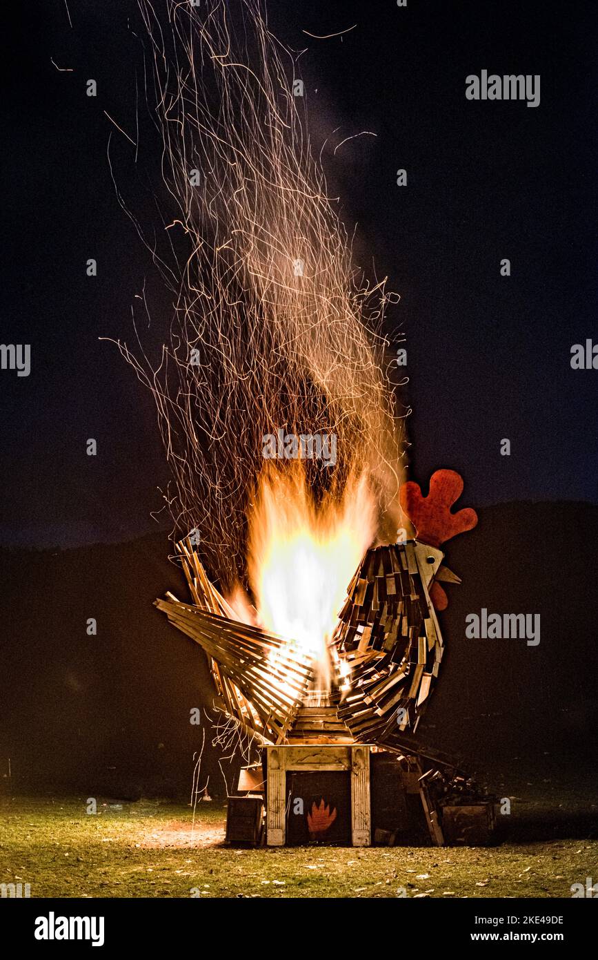 Ein Lagerfeuer in Form eines riesigen Hühners, das Thema der Bonfire Night 2022 in der walisischen Grenzstadt Presteigne Stockfoto