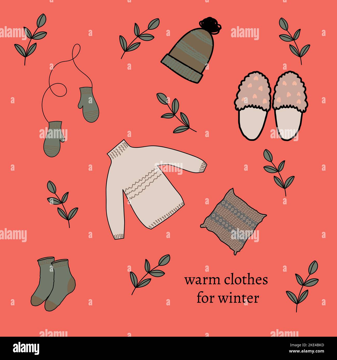 Warme Kleidung für den Winter, Hüte Pullover Socken Stock Vektor
