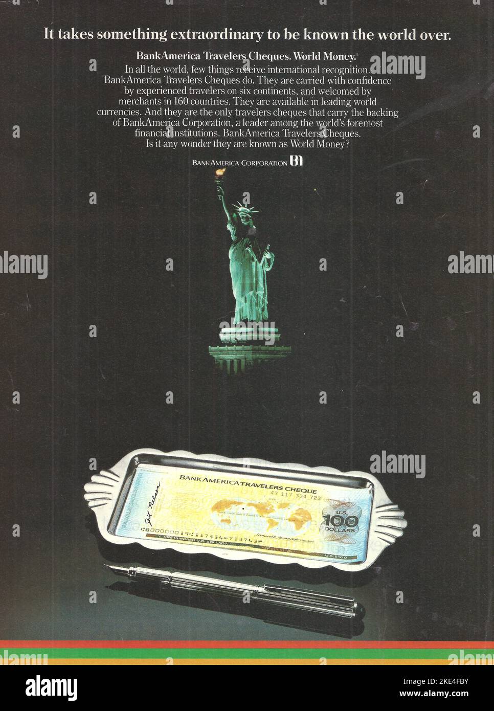 Anzeige im Magazin „Bank America Travellers Scheck“ Stockfoto
